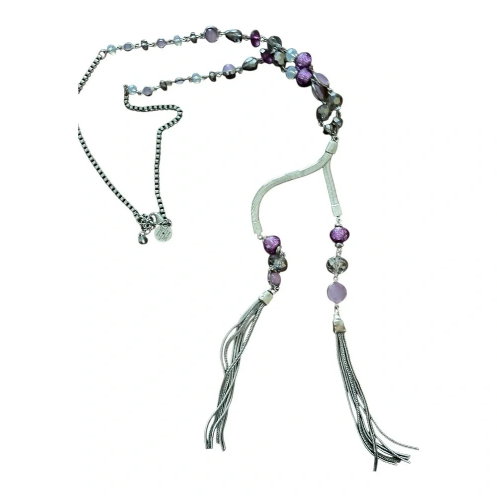 White House Black Market Purple and Silver Beaded Tassel Necklace Bohemian